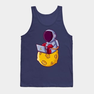 Cute Astronaut Working with Laptop on Moon Cartoon Tank Top